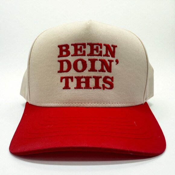 Been Doin’ This Embroidered Hat | Cream & Red Snapback - Picture 1 of 2
